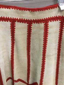 Womens, Skirt, YOUNG EAST, Beige, Tomato Red, Leather, Acrylic, Color Blocking, W30, 13/14, Beige Leather Patchwork W/Tomato Red Crochet Yarn Connecting Panels, Hem Is Tomato Leather Panels, Hem Below Knee, A Line, Center Back Zipper And Tab Closure,