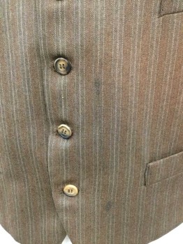 N/L, Brown, Dk Brown, White, Polyester, Wool, Stripes, 5 Buttons, 4 Pockets, Self Back with Self Belt Attached, Dark Stains on Front,
