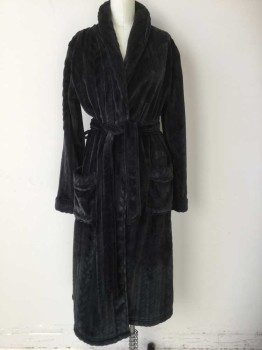 Womens, SPA Robe, GILLIGAN & O'MALLEY, Black, Polyester, XS/S, Long Sleeves, Pockets, Self Belt, Plush, Braided Texture