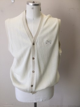Mens, Sweater Vest, IZOD, Cream, Cotton, Solid, XL, Cardigan with 5 Buttons, Ribbed Sleeve and Waistband