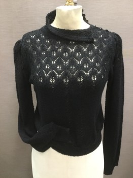 JR'S, Black, Acrylic, Nylon, Pullover, Long Sleeves, Asymmetrical Neck with 6 Buttons, Leafy Lace Upper Solid Body