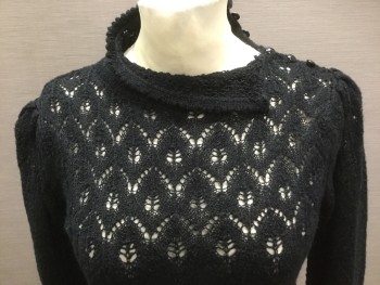 Womens, Sweater, JR'S, Black, Acrylic, Nylon, Small, Pullover, Long Sleeves, Asymmetrical Neck with 6 Buttons, Leafy Lace Upper Solid Body