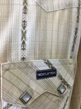 TWENTY XTREME, Khaki Brown, Tan Brown, Cream, Olive Green, Brown, Cotton, Plaid, Plaid with Embroidered Southwestern Stripes, Snap Front, Collar Attached, Long Sleeves, 2 Pockets,