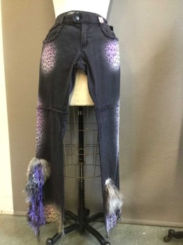 Womens, Pants, LIP SERVICE, Charcoal Gray, Lavender Purple, White, Cotton, Spandex, Solid, Animal Print, 31, Low Rise, Stretch Denim, 5 + Pockets, All Frayed Edges. Festooned with Furs and Trims, Studs