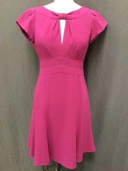 Womens, Dress, Short Sleeve, NANETTE LAPORE, Fuchsia Pink, Synthetic, Solid, 4, Fuchsia Texture with Fuchsia Lining, Wide Neck W/bow-like Cut Out "V', Cap Sleeves, 2 Horizontal Seams Waistband, Zip Back , 7 Panel Flair Bottom