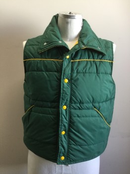 Mens, Vest, DAVID PEYSER, Dk Green, Yellow, Synthetic, Solid, L, Quilting, Yellow Snap Front, Yellow Piping Across Chest/Pockets, 2 Pckts, C.A.,