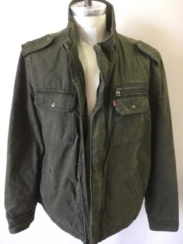 Mens, Casual Jacket, LEVI'S, Dk Olive Grn, Cotton, Solid, L, Zip and Snap Front, Epaulets, Collar with Zipper For Faux Hood, 2 Breast Pockets with Flaps, 2 Pockets For Hands