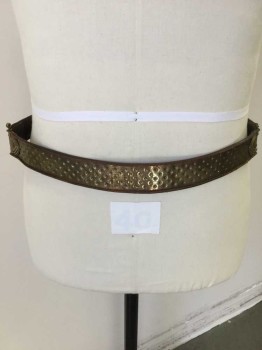 Unisex, Historical Fiction Belt, Dk Brown, Brass Metallic, Leather, Metallic/Metal, Dark Brown Belt W/brass Stamped,studs and Buckle Pieces Inlay/attached, 2 Needle Pins & Brown Cord String Brass End Closure, See Photo Attached,