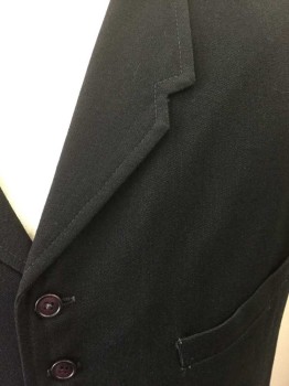 MTO, Black, Wool, Solid, Gabardine, 6 Buttons, 4 Pockets, Top Stitched Notched Lapel, Cotton Back in Black with Adjustable Belt,