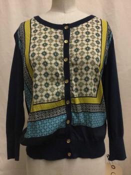 Womens, Sweater, LUCKY BRAND, Navy Blue, Ivory White, Green, Teal Blue, White, Cotton, Synthetic, Floral, Novelty Pattern, S, Navy, Ivory/green/teal Blue/ White Floral Novelty Print, Button Front