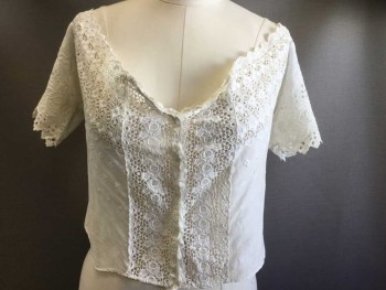 N/L, Off White, Cotton, Geometric, Floral, Eyelet Cotton, Short Sleeves, Hidden Tiny Snap Closures at Front, Lace Work at Neckline, Cuffs and Center Front, White Satin Ribbon Woven at Neckline, Made To Order