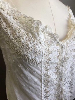 N/L, Off White, Cotton, Geometric, Floral, Eyelet Cotton, Short Sleeves, Hidden Tiny Snap Closures at Front, Lace Work at Neckline, Cuffs and Center Front, White Satin Ribbon Woven at Neckline, Made To Order