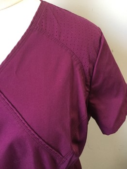 CHEROKEE LUXE SPORT, Red Burgundy, Polyester, Cotton, Short Sleeves, Faux Surplice Neckline, Sports Jersey Sides and Shoulder Yoke, Hip Pockets