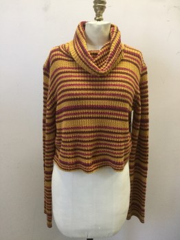 Womens, Pullover, URBAN OUTFITTERS, Turmeric Yellow, Maroon Red, Pink, Cotton, Acrylic, Stripes, S/P, Turtleneck, L/S, Crop