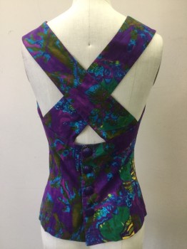 Womens, 1990s Vintage, Piece 1, MTO, Purple, Cotton, Novelty Pattern, XS, Sleeveless Top - Purple Batik with Tropical Fish & Seahorse Print.square Neckline Front, Button Closure at Center Back, Cross Over Back Straps.