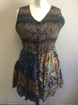 STYLE IN FASHION, Multi-color, Cotton, Patchwork, Abstract , Assorted Panels/Patchwork: Top is Faded Black with Brown/Terracotta/Blue Floral, Sleeveless, V-neck, Button Front, Below Waist There are Various Floral, Sunburst, Geometric, Etc Patterns, Self Fabric Ties Attached to Waist, Hem Above Knee,