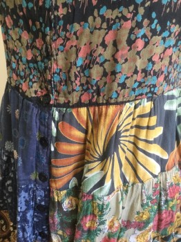 STYLE IN FASHION, Multi-color, Cotton, Patchwork, Abstract , Assorted Panels/Patchwork: Top is Faded Black with Brown/Terracotta/Blue Floral, Sleeveless, V-neck, Button Front, Below Waist There are Various Floral, Sunburst, Geometric, Etc Patterns, Self Fabric Ties Attached to Waist, Hem Above Knee,