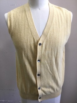 Mens, Sweater Vest, CLUB ROOM, Lt Yellow, Wool, Solid, Stripes - Vertical , L, Knit, Self Ribbed Stripes, Button Front, V-neck