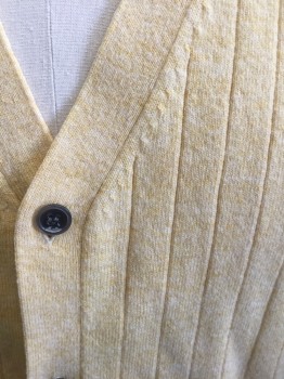 Mens, Sweater Vest, CLUB ROOM, Lt Yellow, Wool, Solid, Stripes - Vertical , L, Knit, Self Ribbed Stripes, Button Front, V-neck