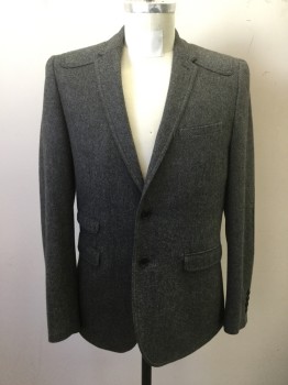 Mens, Sportcoat/Blazer, PLECTRUM, Charcoal Gray, Wool, Herringbone, 40S, Single Breasted, Collar Attached, Notched Lapel, 4 Pockets, 2 Buttons,  Shoulder Panels, Solid Black Suede Elbow Patches