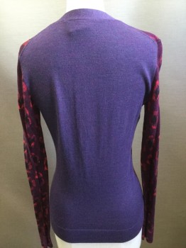 Womens, Sweater, TORY BURCH, Magenta Pink, Red, Black, Purple, Wool, Floral, XS, V-neck, Purple Trim, Solid Purple Back