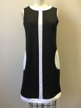 N/L, Black, White, Synthetic, Color Blocking, Sleeveless, Crew Neck, Aline, 60s Retro Look, Black with White Contrast Crew Neck, Center Front Stripe, Pockets and Hem Band
