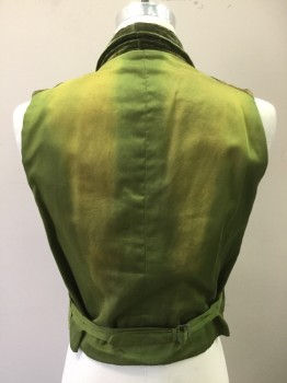 MTO By SERJ TAILOR, Dk Olive Grn, Cotton, Solid, Dark Olive Velvet Front, Gold Button Front, 3 Pockets, Shawl Collar, Green Solid Cotton Back, Self Belt Back, ***Discoloration on Both Sides***, ***Top Gold Button Missing***