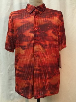 POSTIANO, Red, Red Burgundy, Orange, Polyester, Sunset Print, Button Front, Collar Attached, Short Sleeves, Self Stripes