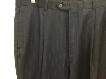 TESSUTO ITALIANO, Navy Blue, White, Wool, Stripes - Pin, Pleated Front, Button Tab, 4 Pockets, Belt Loops
