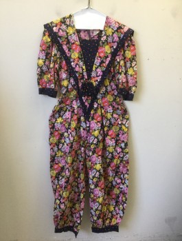 RICKI ROSE, Multi-color, Cotton, Floral, Polka Dots, Colorful Floral Pattern with Pink, Lavender, Yellow, Etc Flowers on Navy Background, Trim and Accents are Navy with Colorful Polka Dots Pattern, 3/4 Puffy Sleeves, Wide V Shaped Collar/Yoke with 3D Bow at Waist, Voluminous Bloomer Like Legs, Capri Length,