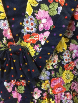 Womens, Jumpsuit, RICKI ROSE, Multi-color, Cotton, Floral, Polka Dots, W:28, B:34, Colorful Floral Pattern with Pink, Lavender, Yellow, Etc Flowers on Navy Background, Trim and Accents are Navy with Colorful Polka Dots Pattern, 3/4 Puffy Sleeves, Wide V Shaped Collar/Yoke with 3D Bow at Waist, Voluminous Bloomer Like Legs, Capri Length,