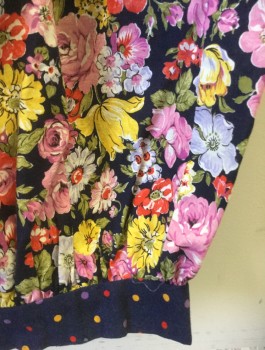 Womens, Jumpsuit, RICKI ROSE, Multi-color, Cotton, Floral, Polka Dots, W:28, B:34, Colorful Floral Pattern with Pink, Lavender, Yellow, Etc Flowers on Navy Background, Trim and Accents are Navy with Colorful Polka Dots Pattern, 3/4 Puffy Sleeves, Wide V Shaped Collar/Yoke with 3D Bow at Waist, Voluminous Bloomer Like Legs, Capri Length,