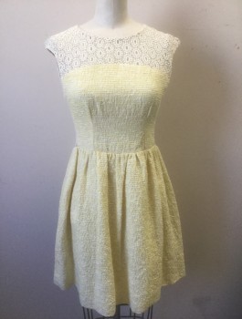 Womens, Dress, Sleeveless, N/L, Lt Yellow, White, Poly/Cotton, Speckled, W:27, B:30, Light Yellow/White Speckled Bouclé, with White See-Thru Lace Panel at Shoulders and Back, Sleeveless, Round Neck, Gathered at Waist, 4 Gold Pointy Buttons at Center Back