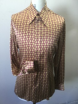 ANTO M F, Gold, Red Burgundy, Silk, Novelty Pattern, Charmeuse, Long Sleeves, Button Front, Long Pointed Collar, 'I' Pattern