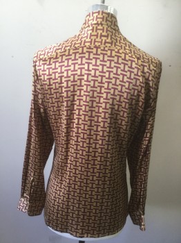 ANTO M F, Gold, Red Burgundy, Silk, Novelty Pattern, Charmeuse, Long Sleeves, Button Front, Long Pointed Collar, 'I' Pattern