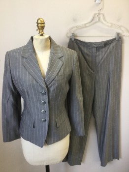 Womens, Suit, Jacket, TAHARI, Lt Gray, White, Rayon, Polyester, Stripes - Pin, B34, 6, Single Breasted, 4 Buttons, Notched Lapel, 3 Pockets,