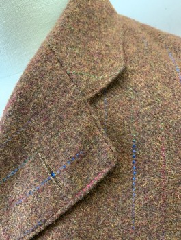 Mens, 1920s Vintage, Suit, Jacket, SIAM COSTUMES, Brown, Multi-color, Wool, Stripes - Pin, 46R, Heavy Wool, Dotted Pinstripes with Ombre Blue, Pink and Lime, Single Breasted, Notched Lapel, 3 Buttons, 3 Pockets, Made To Order