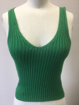 Womens, Top, PROJECT 28 NYC, Green, Cotton, Rayon, Solid, M, Ribbed Knit, 1" Straps, V-neck
