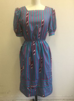 SALLY LOU, Turquoise Blue, Magenta Pink, Black, White, Polyester, Stripes - Vertical , Geometric, Puffy Gathered 1/2 Sleeves (Elbow Length), Square Neck, Elastic Waist, 3 Buttons at 1 Shoulder Seam, Hem Below Knee,