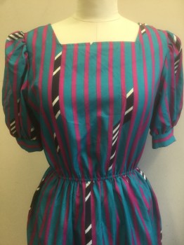 SALLY LOU, Turquoise Blue, Magenta Pink, Black, White, Polyester, Stripes - Vertical , Geometric, Puffy Gathered 1/2 Sleeves (Elbow Length), Square Neck, Elastic Waist, 3 Buttons at 1 Shoulder Seam, Hem Below Knee,