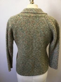 Womens, Sweater, KAS BRAND, Moss Green, Mint Green, Orange, Blue, White, Wool, Speckled, S, Cardigan, Green Speckled with Orange/Blue/White, 3/4 Sleeve, Ribbed Knit, Collar Attached, Notched Lapel, 2 Pockets