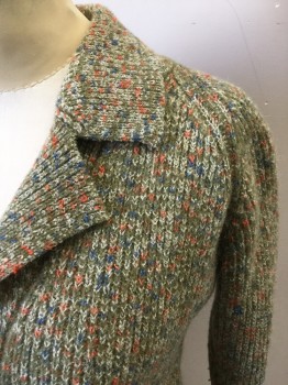 Womens, Sweater, KAS BRAND, Moss Green, Mint Green, Orange, Blue, White, Wool, Speckled, S, Cardigan, Green Speckled with Orange/Blue/White, 3/4 Sleeve, Ribbed Knit, Collar Attached, Notched Lapel, 2 Pockets