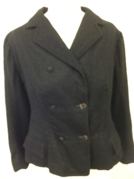 MTO, Black, Wool, Solid, MIDDLE CLASS BLAZER  Black Boiled Wool, Double Breasted, with Satin Buttons, Some in Fragile State  See Close Up, Notched Lapel, 2 Pockets with Flaps, Box Pleat Detail at Center Back, with Tiny Slit at Hemline,