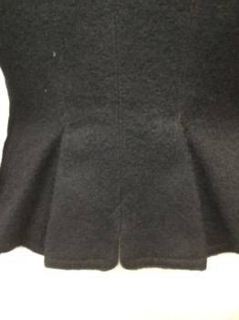 MTO, Black, Wool, Solid, MIDDLE CLASS BLAZER  Black Boiled Wool, Double Breasted, with Satin Buttons, Some in Fragile State  See Close Up, Notched Lapel, 2 Pockets with Flaps, Box Pleat Detail at Center Back, with Tiny Slit at Hemline,