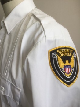 LAW PRO, White, Poly/Cotton, Solid, Short Sleeve Button Front, Collar Attached, 2 Patch Pockets with Button Flap Closures, "Security Officer" Black and Yellow Shield Patches on Either Sleeve, Epaulets at Shoulders