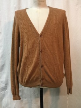 NO LABEL, Caramel Brown, Synthetic, Solid, Vertically Cabled Stripes, V-neck, 5 Buttons, Ribbed Cuffs/Waist