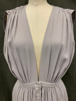 REFORMATION, Lt Gray, Polyester, Chevron, Plunge V Neck, Center Front 5 Button Up Placket, Gathered Shoulders, Gathered Empire Waistband, Fit and Flare Skirt, Slitted Side Seams, Below the Knee Length, Center Back Key Hole