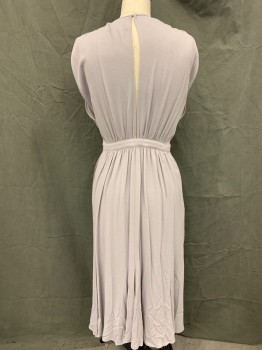 REFORMATION, Lt Gray, Polyester, Chevron, Plunge V Neck, Center Front 5 Button Up Placket, Gathered Shoulders, Gathered Empire Waistband, Fit and Flare Skirt, Slitted Side Seams, Below the Knee Length, Center Back Key Hole