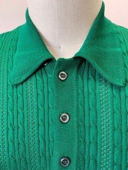 Mens, Polo Shirt, N/L, Emerald Green, Acetate, Polyester, Solid, Cable Knit, XL, Short Sleeves, Collar Attached, 3 Buttons,