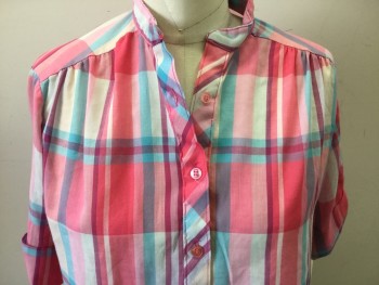 LAND & SEA, Pink, Cream, Aqua Blue, Magenta Pink, Lt Pink, Polyester, Cotton, Plaid, Short Sleeves, Button Front Placket, Band Collar,  Pullover,